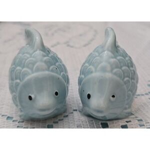 Blue Fish Salt And Pepper Vintage Glossy Ceramic. Un-used Hand Painted